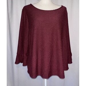 Elle Top Womens Size L Blouse Round Neck Flared 3/4 Sleeves Dotted Texture